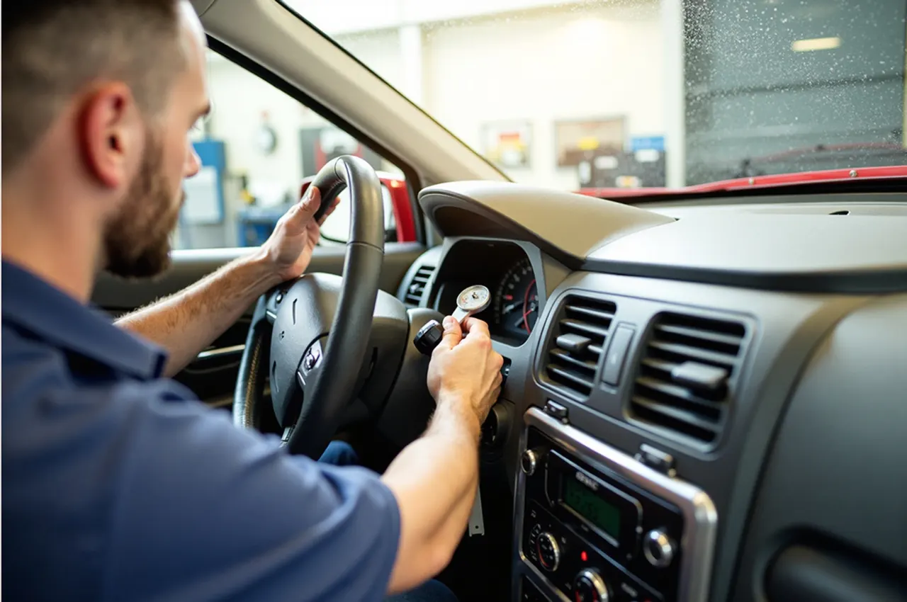 A technician measuring the air temperature at a car's cabin vents in a bright service bay